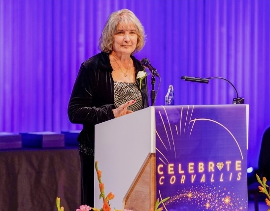 Kay Dee Cole receiving the Entrepreneur of the Year award at Celebrate Corvallis